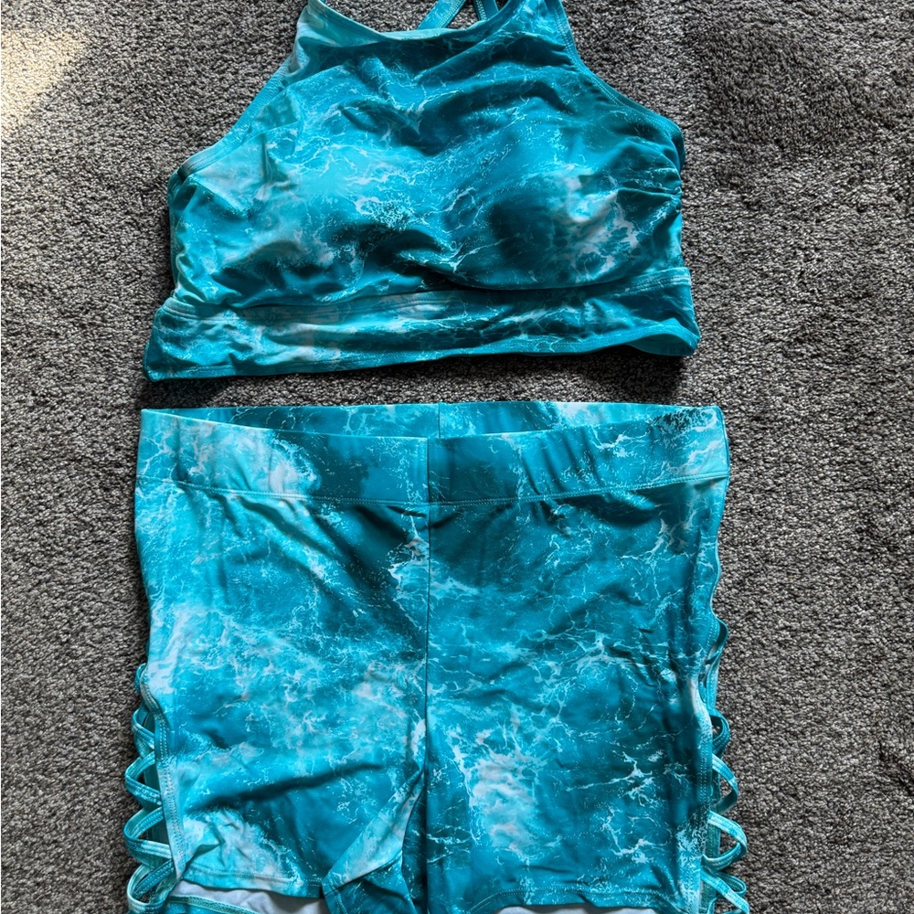 Blue Ocean Print Halter Swim Top and Lattice Shorts Set